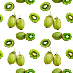 Detailed Kiwi watercolor Pattern featuring Whole and Sliced Fruits on a Clean White Background