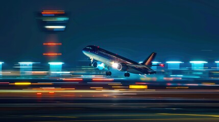 Airplane during take off on airport runway at night against air traffic control tower