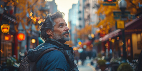 Obraz premium Mature Hispanic Man Walking Through Autumn Street