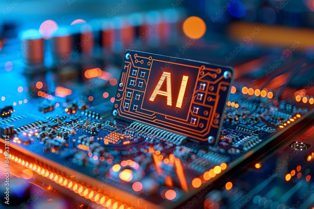 Poster ai chip on advanced circuit board with glowing technology elements