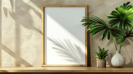 Clean wooden frame mockup close up standing near green tropical leaf