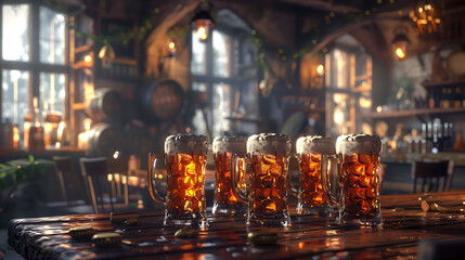 Photorealistic, several mugs of beer in a row on a table on a bar, concept of brewing, beer production, bar culture, traditional gatherings, photo of mugs of beer in a cozy bar