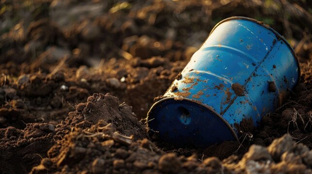 A blue barrel rests in a mound of soil - Powered by Adobe