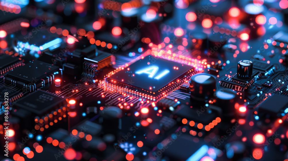 Poster artificial intelligence and ai technology concept processor chip or mother board background llms