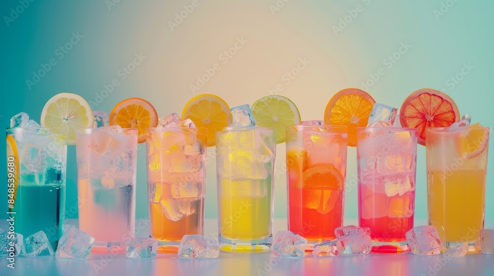 Poster row of colorful summer cocktails with ice and citrus slices is refreshing and thirst-quenching on a 