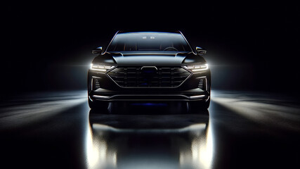 Obraz premium Sleek Black Luxury Car with Headlights in Dark Ambiance