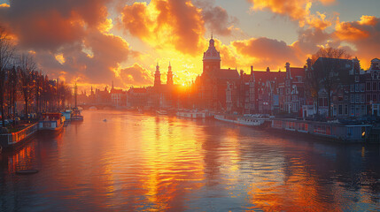 Naklejka premium Amsterdam, Netherlands city skyline created with Generative AI technology