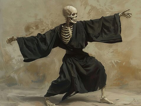 fantasy art of a skeleton wearing black robes, standing in a kung fu stance,