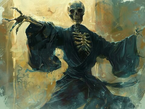 fantasy art of a skeleton wearing black robes, standing in a kung fu stance,