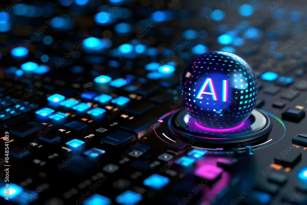 Poster ai sphere with digital interface on high tech circuit board