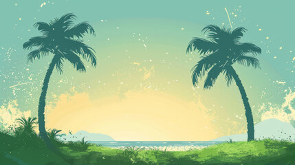 Obraz premium Artistic illustration of a serene tropical beach at sunset with palm trees silhouetted against a vibrant sky.
