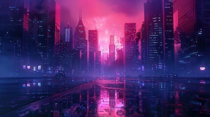 An artistic illustration of a city skyline bathed in neon lights reflecting off wet surfaces under a night sky