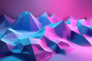 Surreal Landscape With 3d Mountains. Geometric Graphic Poster In Blue, Purple, Pink Colors
