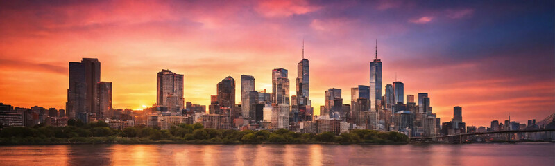 Obraz premium Long panorama of the evening big city embankment. City skyline and citytowers at banner. Computer graphic illustration.