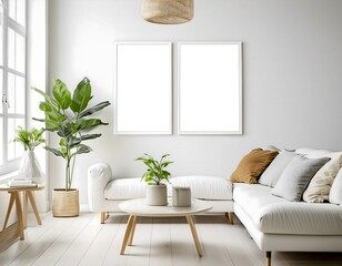 Mock up Frame. Empty Picture frame on wall in stylish living room. generative AI image