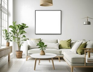 Mock up Frame. Empty Picture frame on wall in stylish living room. generative AI image