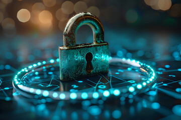 Padlock on a digital circuit board with glowing blue connections, ideal for cybersecurity...