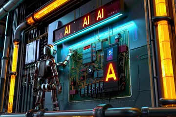 Futuristic AI Interface on Digital Billboard with Glowing Elements