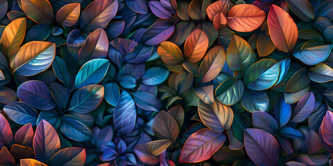 Seamless pattern of multicolored metallic leaves, perfect for textile designs, digital art, or decorative backgrounds