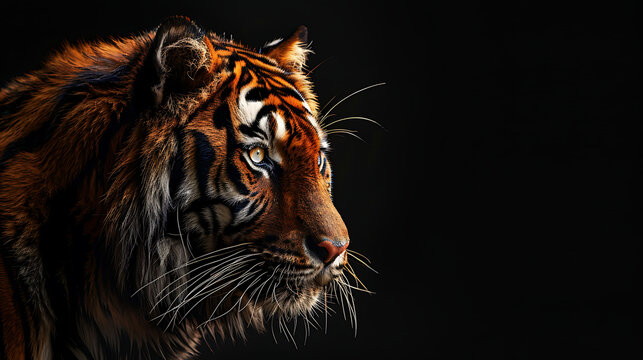 a close-up of a tiger’s face against a black background. The lighting highlights the right side of its face and body