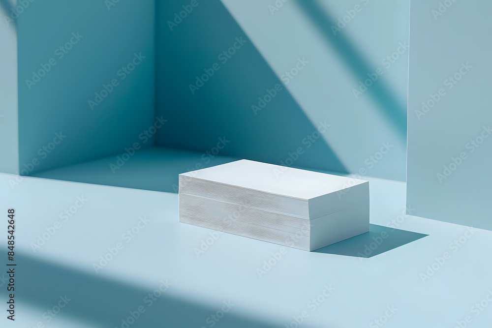 Poster photo of a minimalist white block placed on a light blue background with soft shadows and geometric 