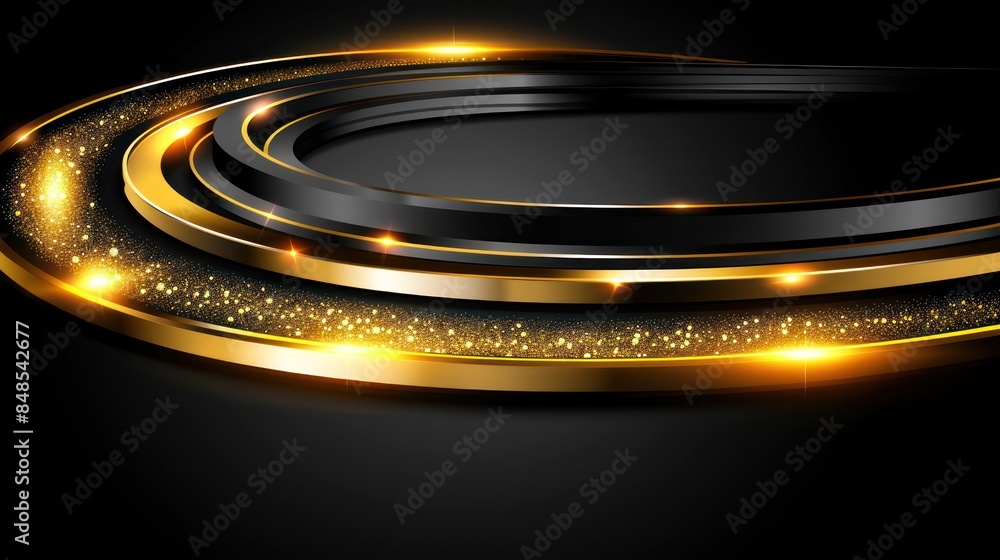 Poster an abstract digital image showcasing concentric glowing golden circles with a sparkling effect on a 