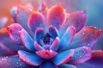 Close-up photo of a vibrant succulent plant with colorful pink and blue leaves, covered in delicate dew drops. Ideal for use in nature blogs, botanical photography collections, and garden-themed promo
