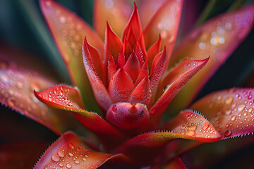 Close-up photo of a vibrant bromeliad plant covered in delicate dew drops, showcasing its striking red and green leaves. Ideal for use in nature blogs, botanical photography collections, and garden-th