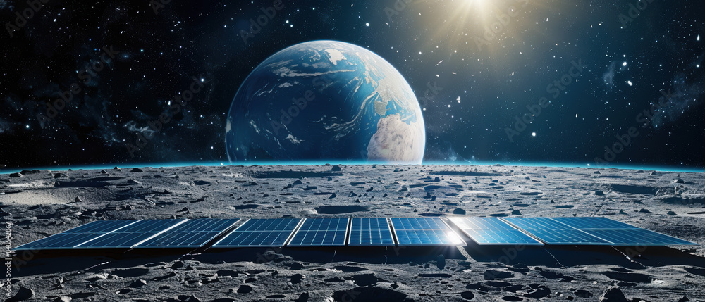 Poster a solar panel array is on a planet with a large moon