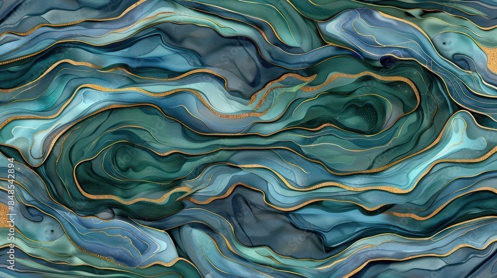 Poster fluid abstract marble-like pattern with swirls of blue and gold, simulating the look of natural ston
