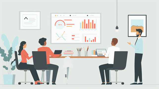 A flat illustration of a HR team discussing employee engagement survey results, flat illustrations, business, office