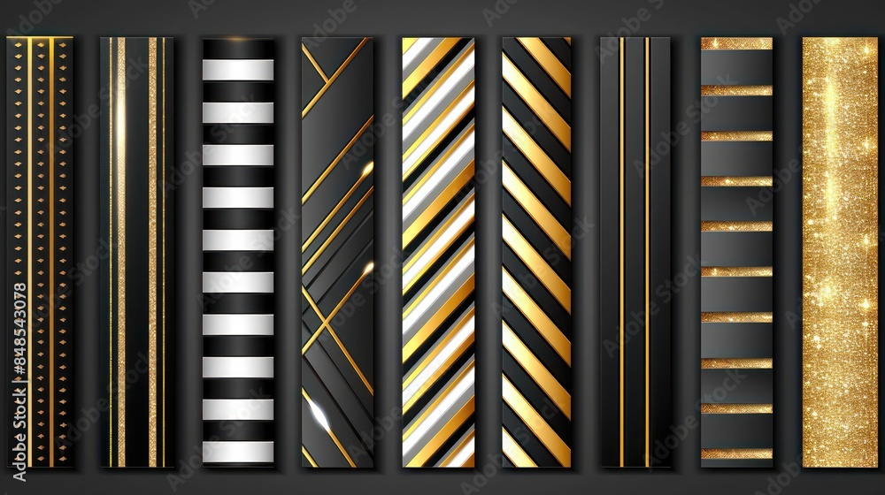 Poster a set of elegant vertical ribbon designs in gold and black with various patterns and textures on a d