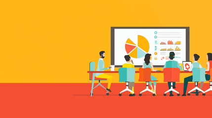 Flat illustration of a project kickoff meeting with relevant data on a screen, flat illustrations, business, office, with copy space