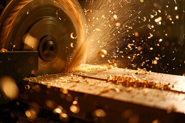 A close-up of a silver circular saw cuts a wooden block; chips fly in different directions