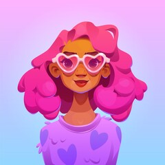 Portrait of a stylish woman with pink hair and heartshaped glasses in a modern digital illustration