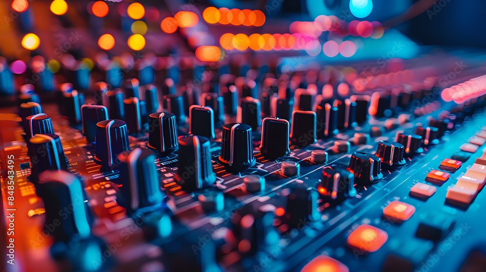 Poster close-up photo of an audio mixing console with illuminated buttons and knobs in a vibrant music stud