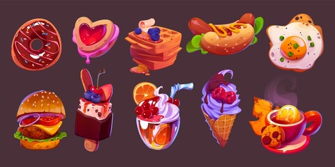 Discover a variety of vibrant and tasty food and desserts in a captivating illustration