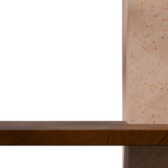 3d image render transparent background of wood hanging rack podium in square with brown terrazzo wall