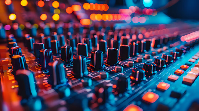 Close-up photo of an audio mixing console with illuminated buttons and knobs in a vibrant music studio setting. Perfect for use in music production blogs, recording studio promotions