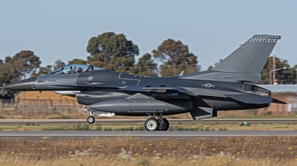 The image captures a modern F-35 fighter jet with visible landing gear touching down on a runway, showcasing military aviation