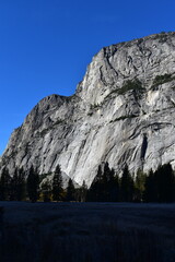 View of the surrounding granite mountain rock wall in Yosemite Valley