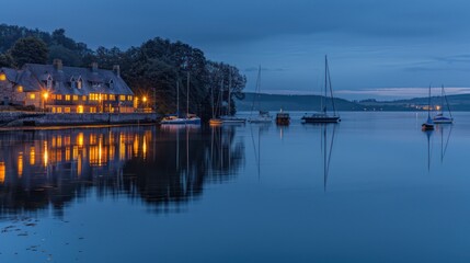 Fototapeta premium A serene image capturing lakeside houses with lit windows and sailboats reflected on calm water during the blue hour