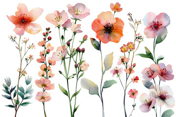 Beautiful watercolor illustrations of various flowers in shades of pink, orange, and green, isolated on a white background. Perfect for use in wedding invitations, greeting cards, and botanical