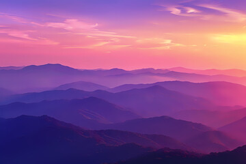 Fototapeta premium Stunning image of a vibrant sunset casting warm hues over a layered mountain range. Perfect for use in travel promotions, inspirational posters, and nature-themed decor.