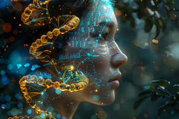 Innovative digital art featuring a profile portrait of a woman overlaid with glowing DNA helixes and data symbols. Perfect for use in biotechnology, scientific publications, and futuristic concept 