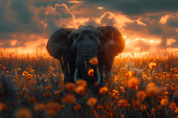 Dramatic photo of an elephant standing in a field of flowers, illuminated by the warm glow of a sunset. Perfect for wildlife photography collections, conservation campaigns, and nature-themed decor.