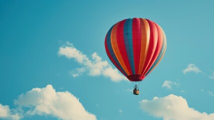 Obraz premium A vibrant hot air balloon floating amidst fluffy clouds against a crisp blue sky, symbolizing adventure and exploration