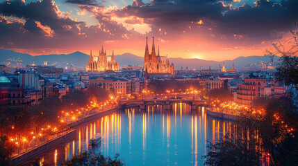 Fototapeta premium Barcelona, Spain city skyline created with Generative AI technology