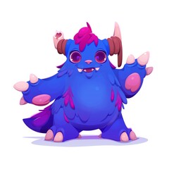 Cute blue monster character with pink horns and paws, perfect for childrens animation