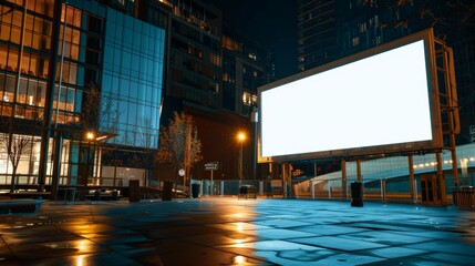 Obraz premium Huge empty billboard lights up a deserted city street at night, with sleek office buildings in the background